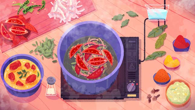 Ein Venba-Screenshot zeigt Kräuter und Tomaten, die in einem Topf kochen. 